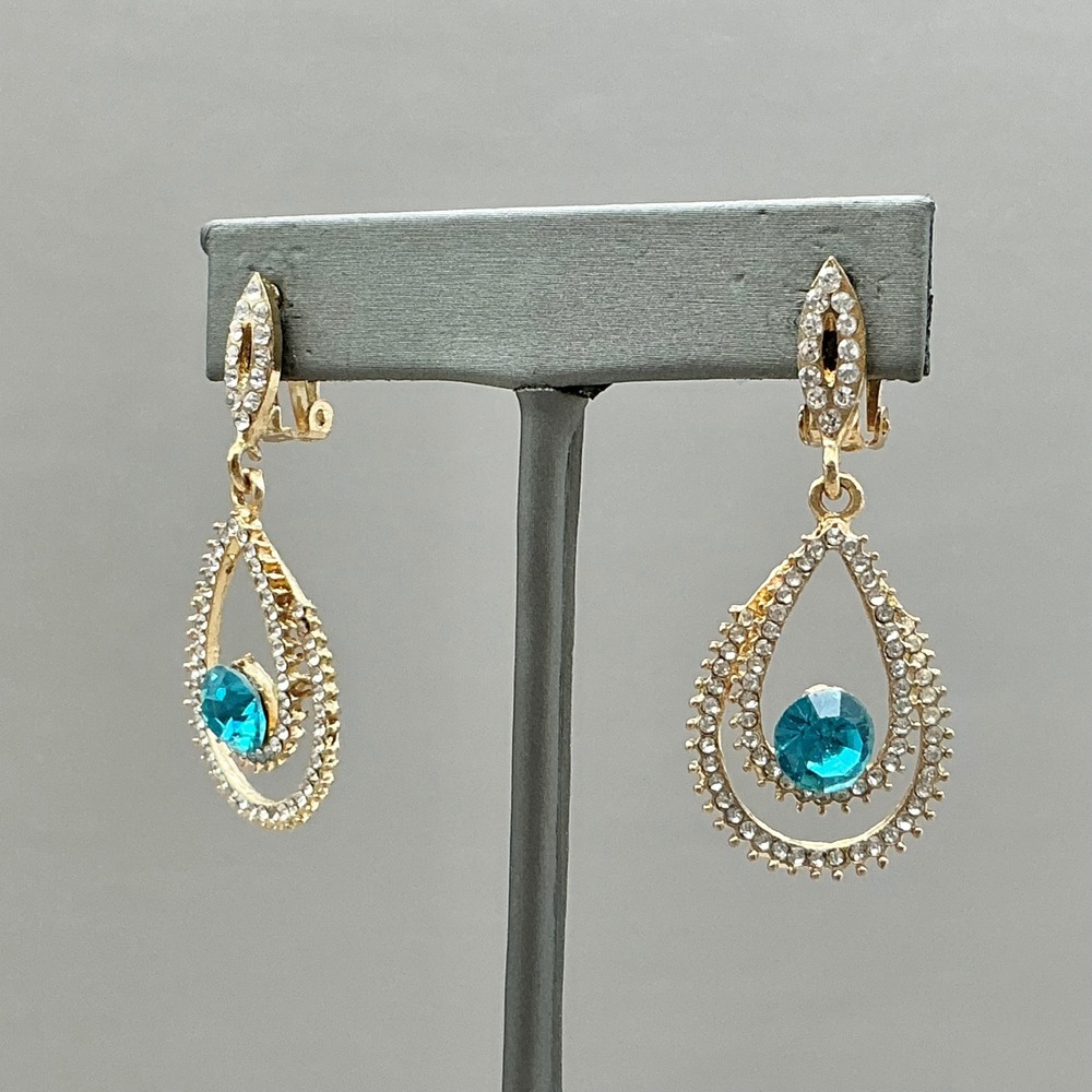 Dangle Teardrop Earring Women Gold Tone Blue Rhinestone Pave Double Drop Clip On